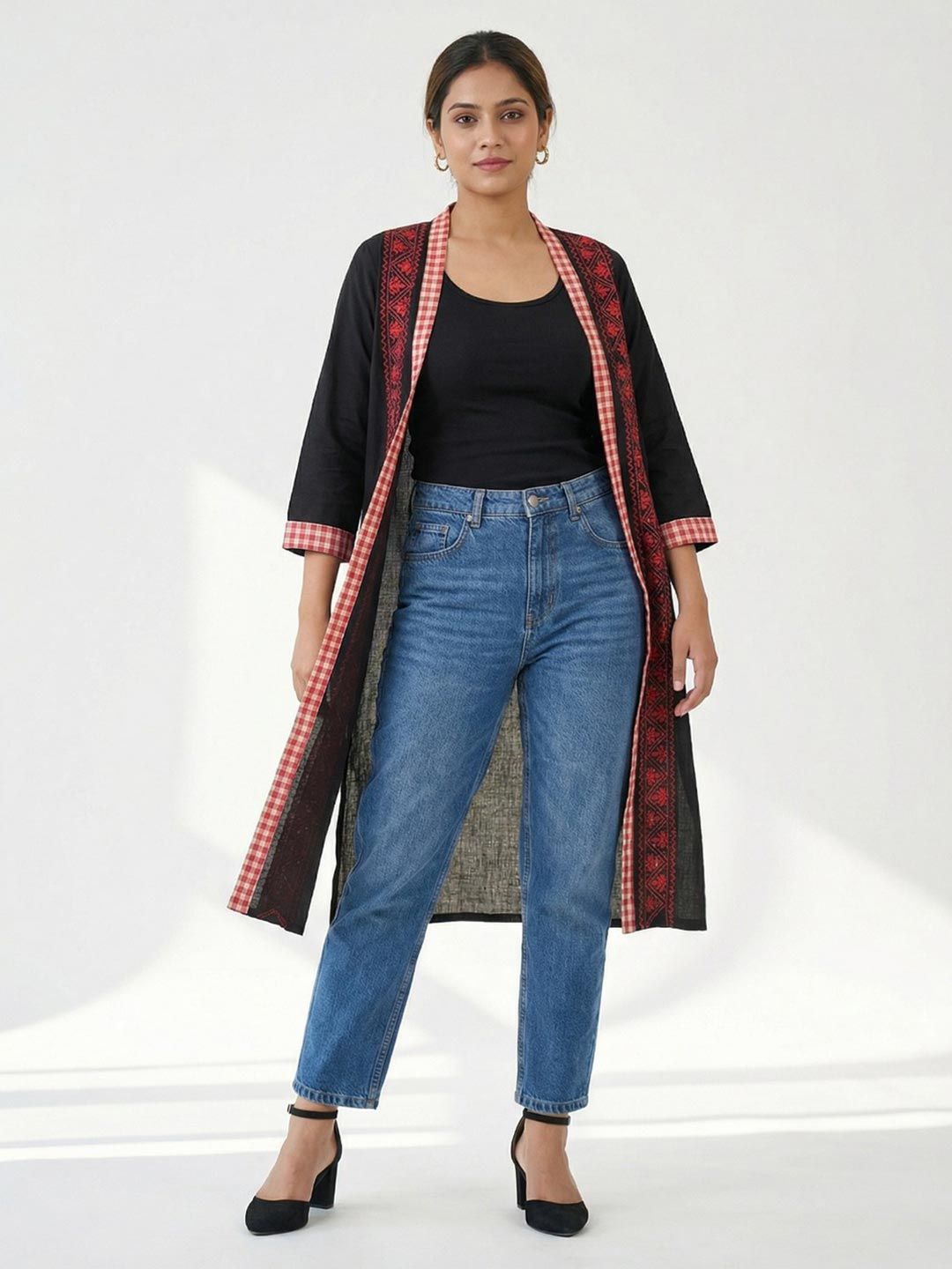 Women's black long cotton shrug by Crazy Needle Online, full-length open-front design