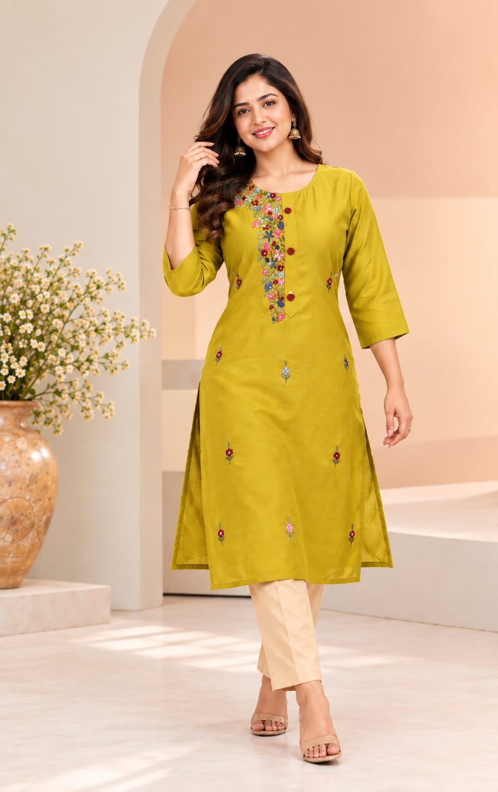 Women's Yellow Threadwork Kurti