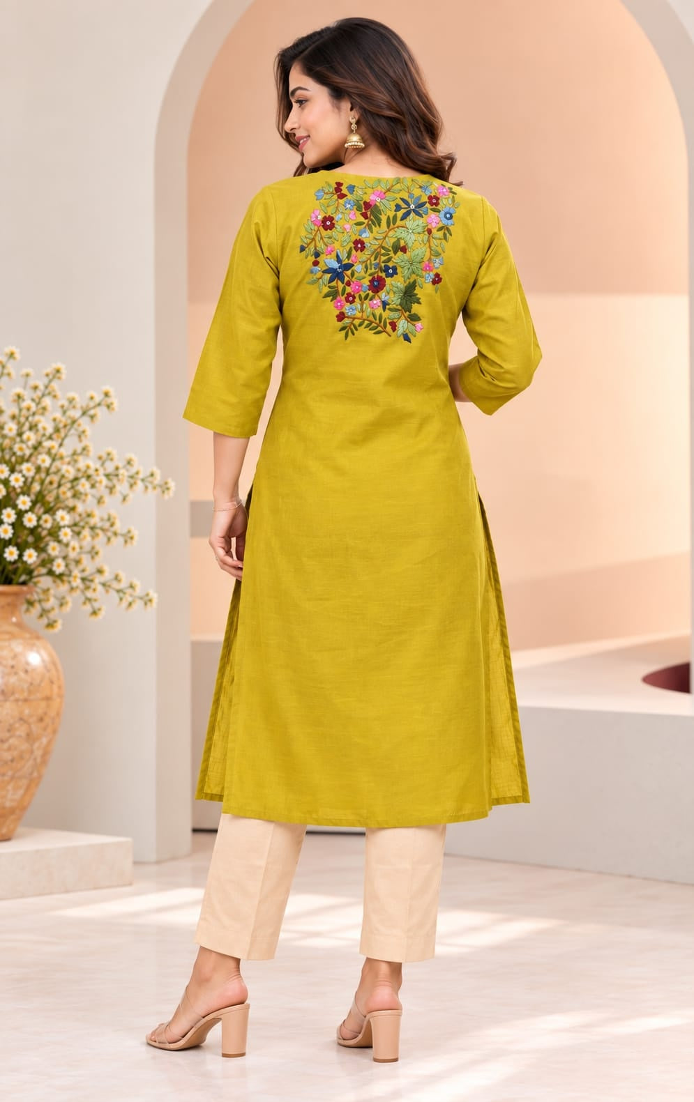 Women's Yellow Threadwork Kurti