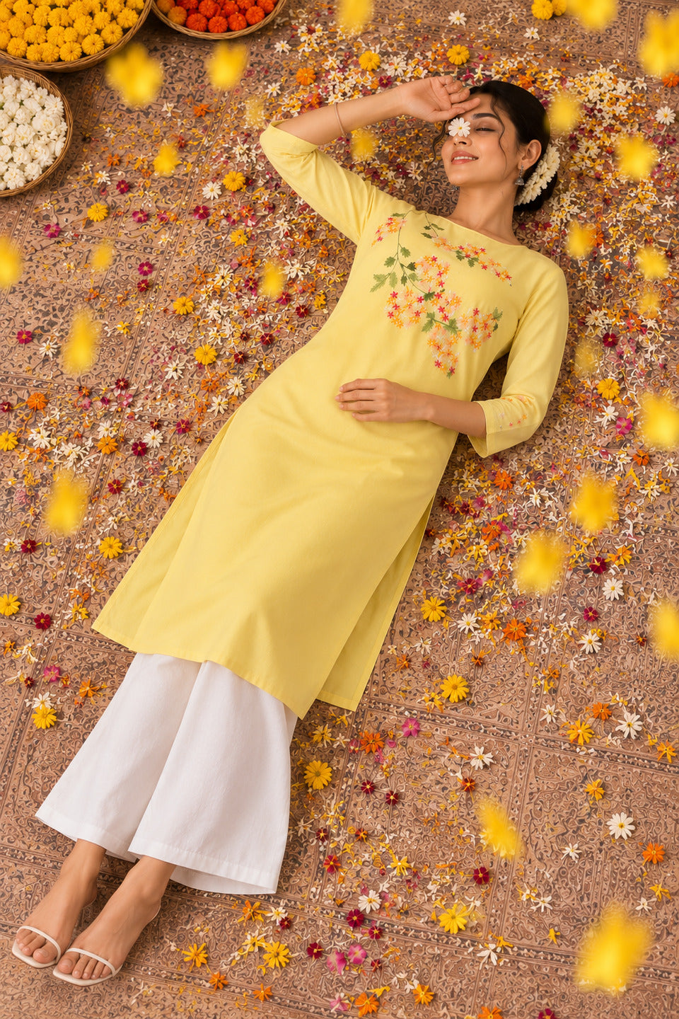 Women's Floral Embroidered Yellow Kurta