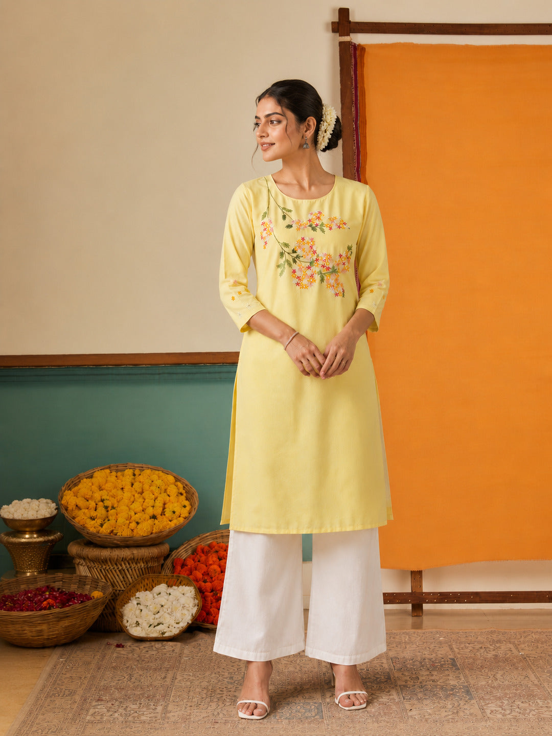 Women's Floral Embroidered Yellow Kurta