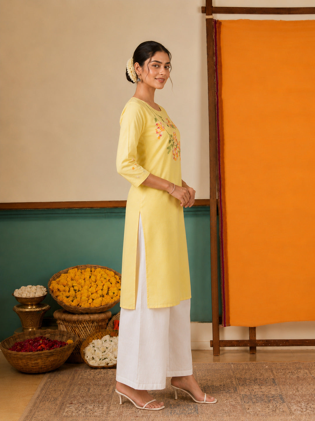 Women's Floral Embroidered Yellow Kurta