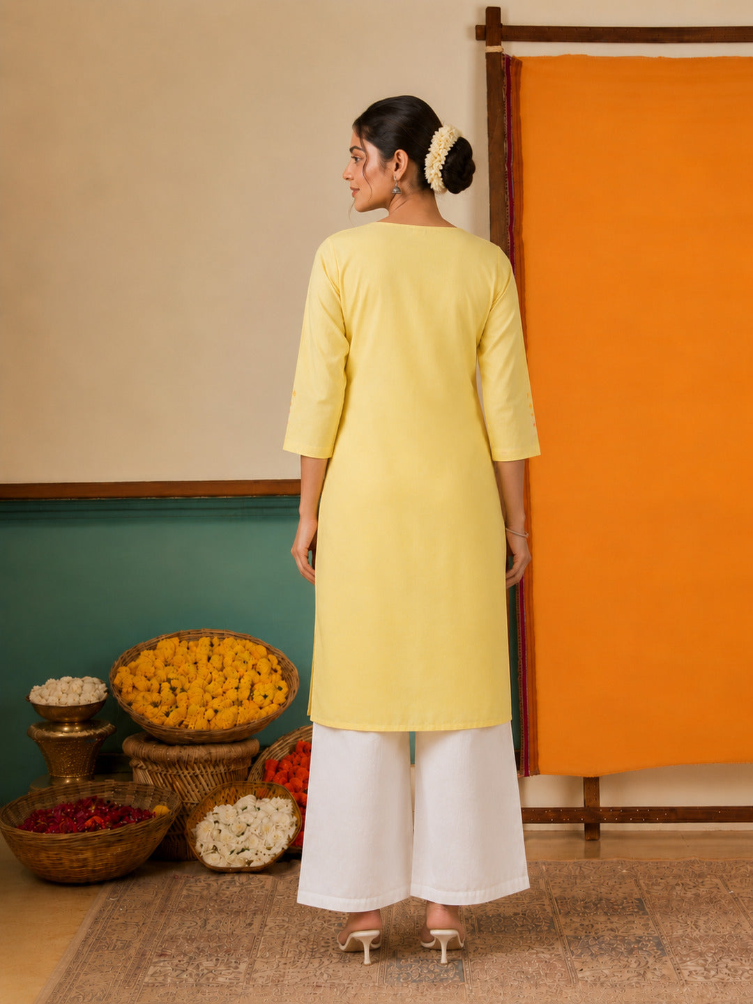 Women's Floral Embroidered Yellow Kurta