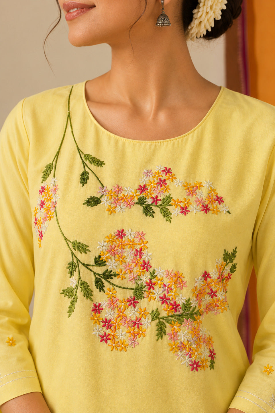 Women's Floral Embroidered Yellow Kurta