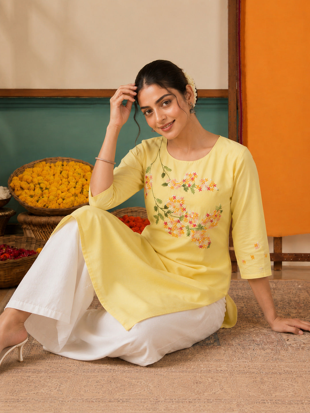 Women's Floral Embroidered Yellow Kurta
