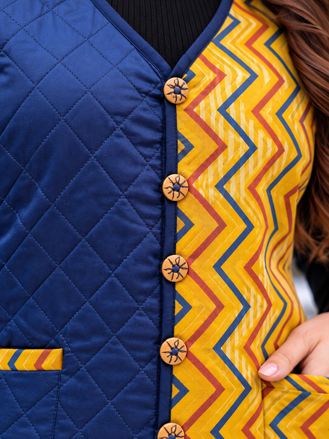 Women's multicolour jacket by Crazy Needle Online, featuring a vibrant, patterned design and casual fit.