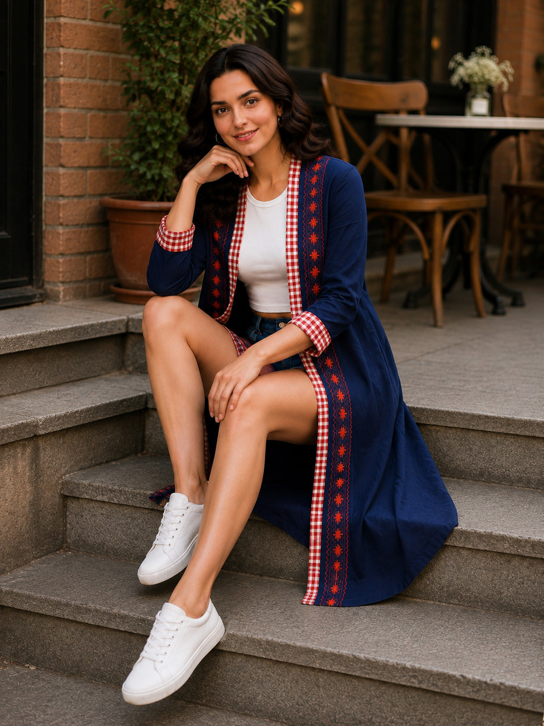 Women's navy long cotton shrug from Crazy Needle Online, showcasing a comfortable, stylish open-front shrug with long sleeves.