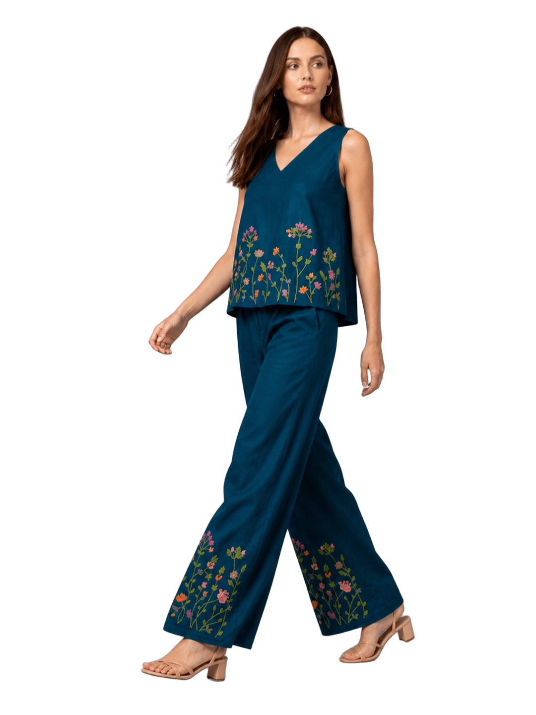 Women’s Blue Embroidered Co-Ord Set Sleeveless Top With Wide Leg Pants