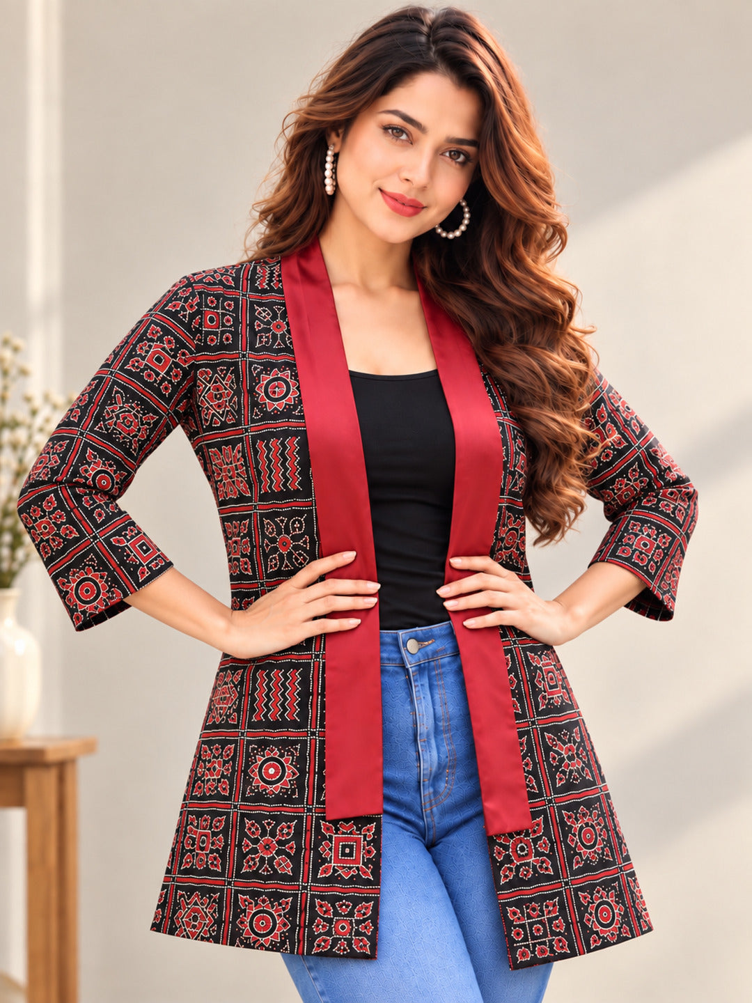 Women Black Geometric Printed Longline Shrug