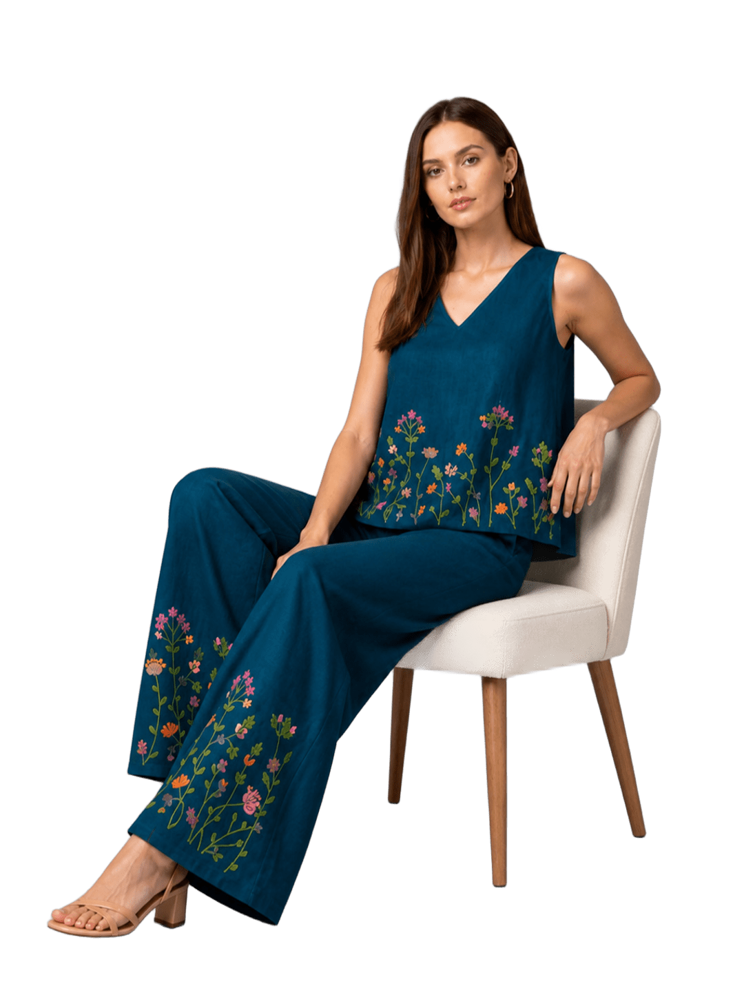 Women’s Blue Embroidered Co-Ord Set Sleeveless Top With Wide Leg Pants