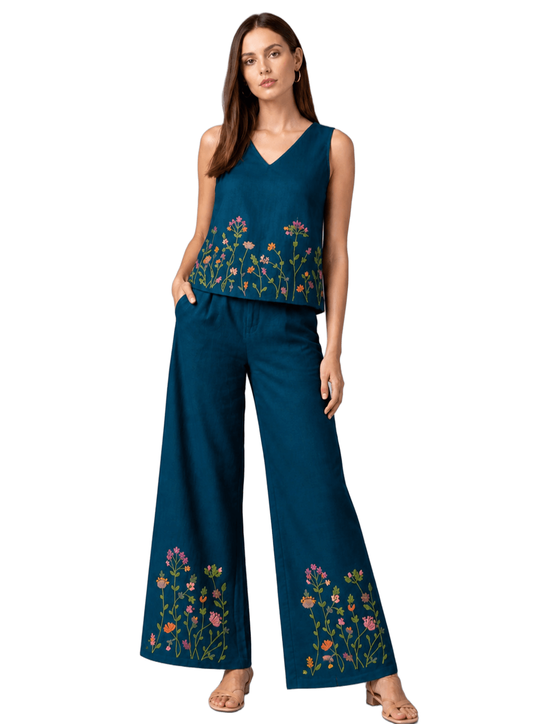 Women’s blue embroidered co-ord set with sleeveless top and wide-leg pants, stylish and comfortable from Crazy Needle Online.