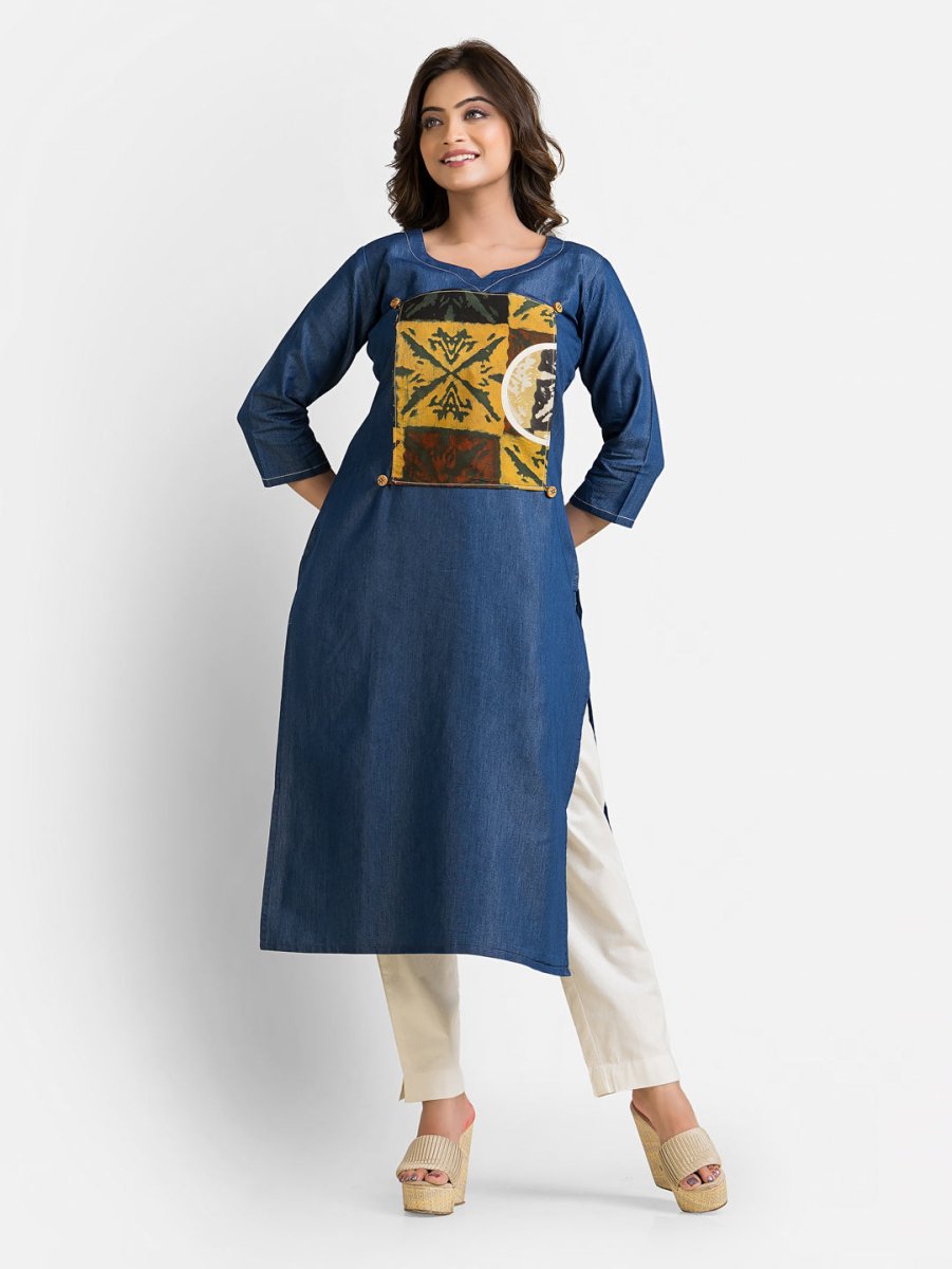Women's Ajrakh Patchwork Denim Kurta - Crazy Needle Online