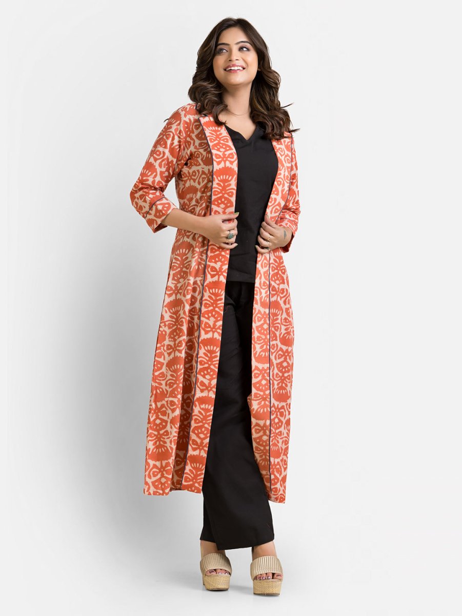 Women's Cotton Black Co - Ord With Orange Shrug - Crazy Needle Online