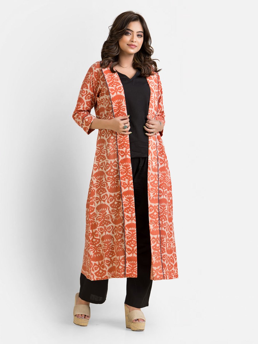 Women's Cotton Black Co - Ord With Orange Shrug - Crazy Needle Online