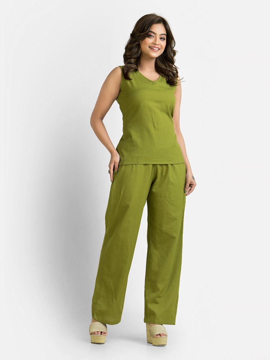 Women's Cotton Green Top With Pant Co ord Set - Crazy Needle Online