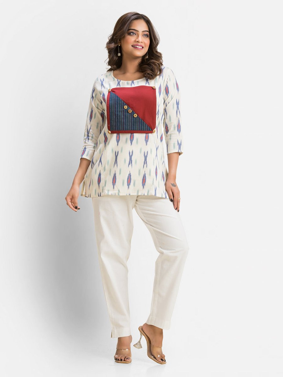 Women's Cotton Ikkat Patchwork White Top - Crazy Needle Online