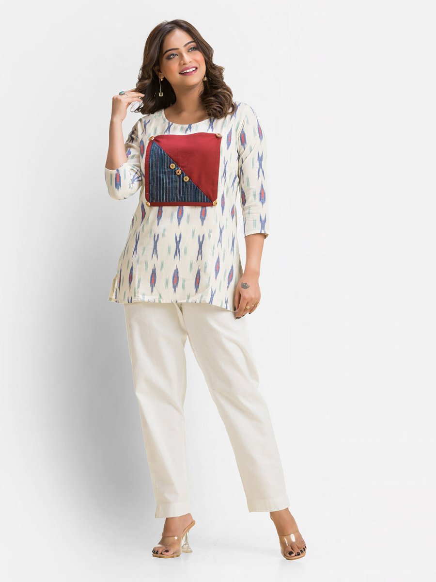 Women's Cotton Ikkat Patchwork White Top - Crazy Needle Online