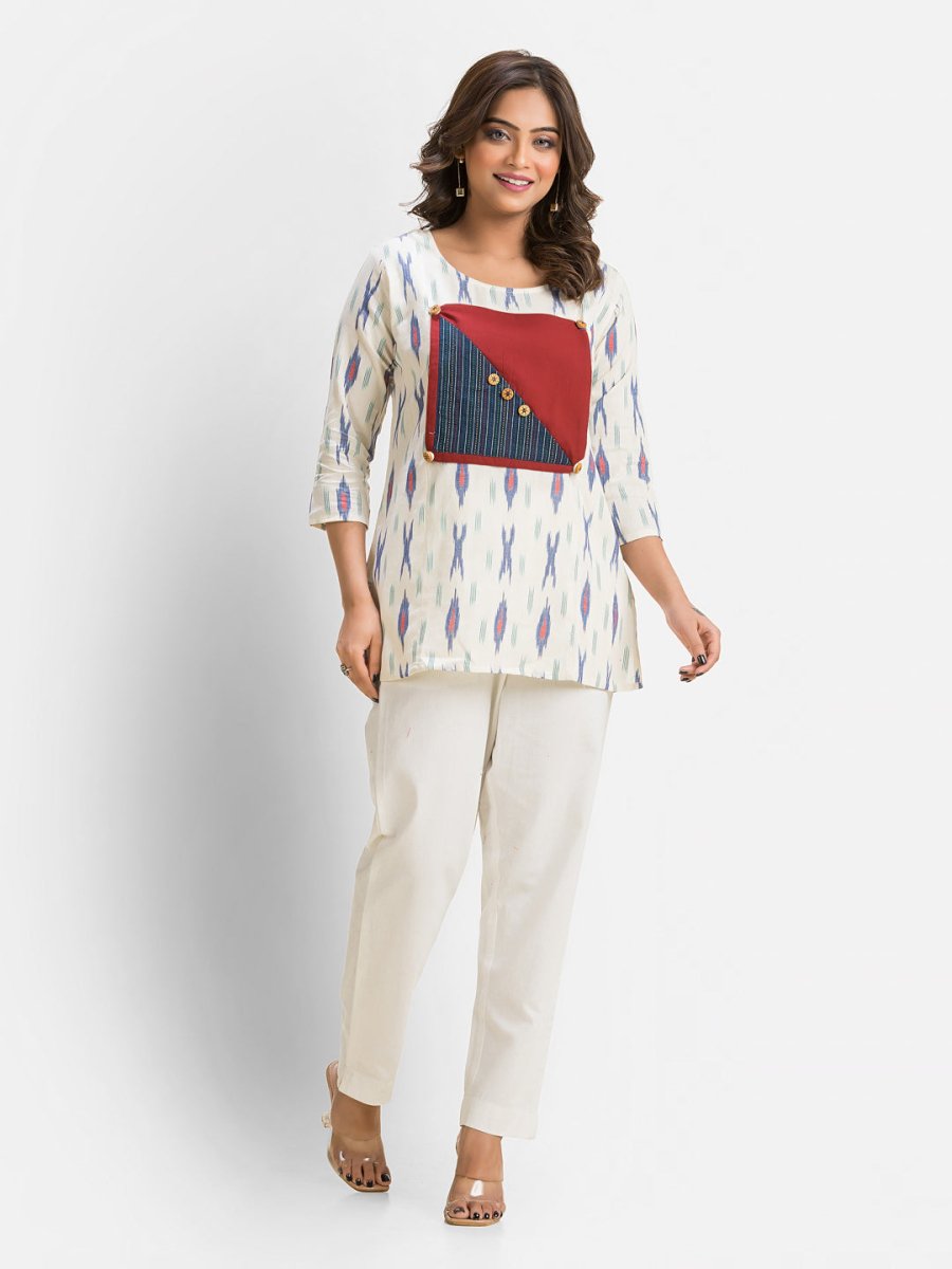 Women's Cotton Ikkat Patchwork White Top - Crazy Needle Online