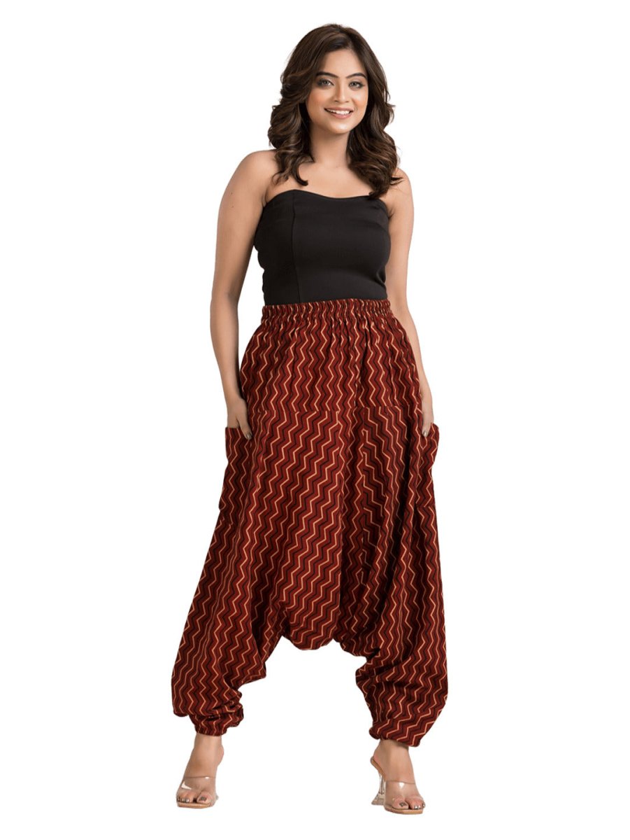 Women's Cotton Maroon Ajrakh Grometric Printed Harem Pant - Crazy Needle Online