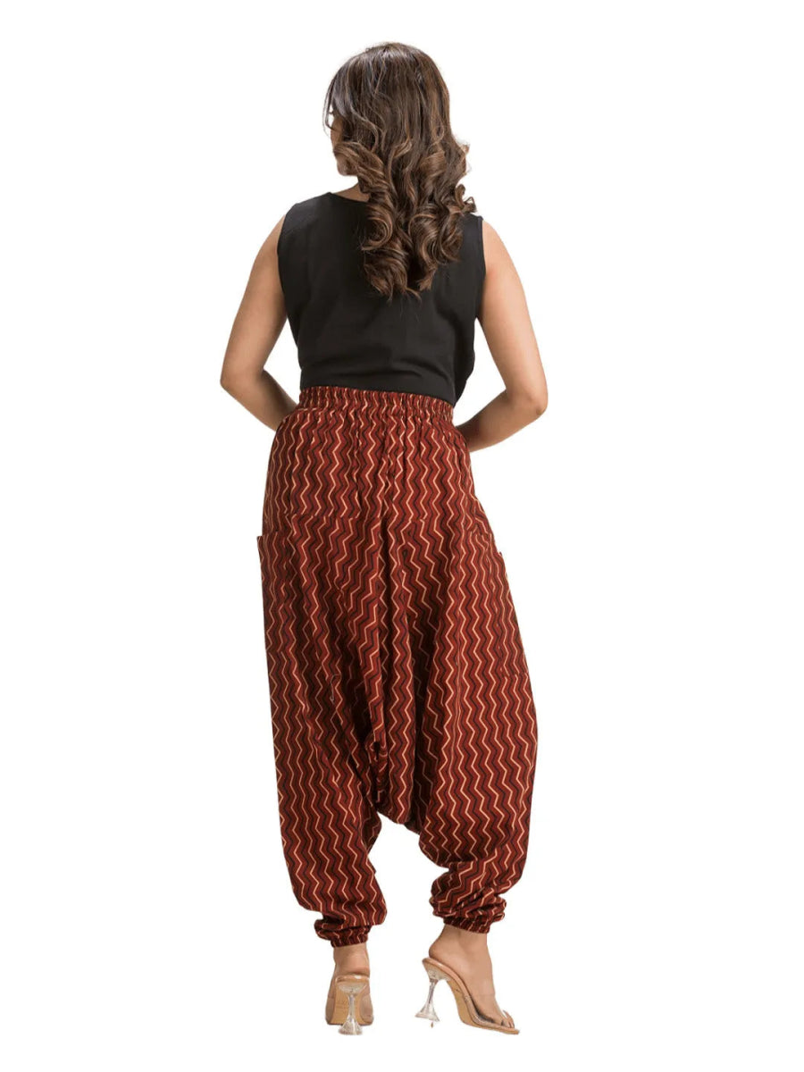 Women's Cotton Maroon Ajrakh Grometric Printed Harem Pant - Crazy Needle Online