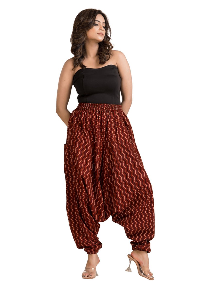 Women's Cotton Maroon Ajrakh Grometric Printed Harem Pant - Crazy Needle Online