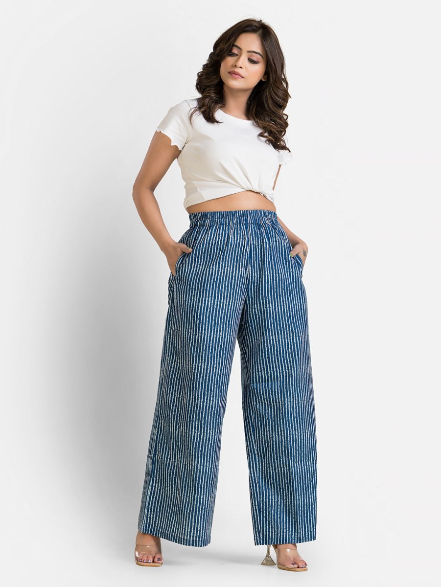 Women's Cotton Navy Stripped Ankle Length Palazzo - Crazy Needle Online