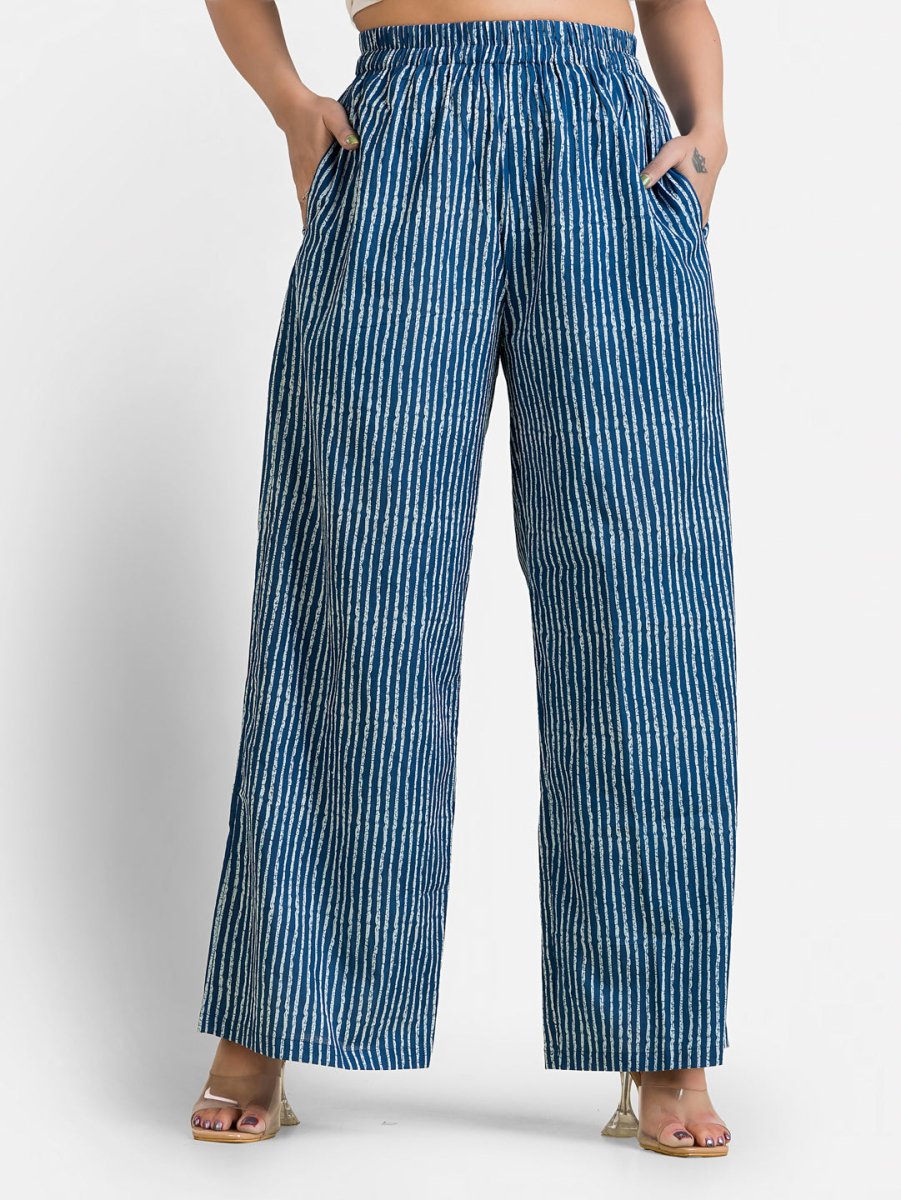 Women's Cotton Navy Stripped Ankle Length Palazzo - Crazy Needle Online