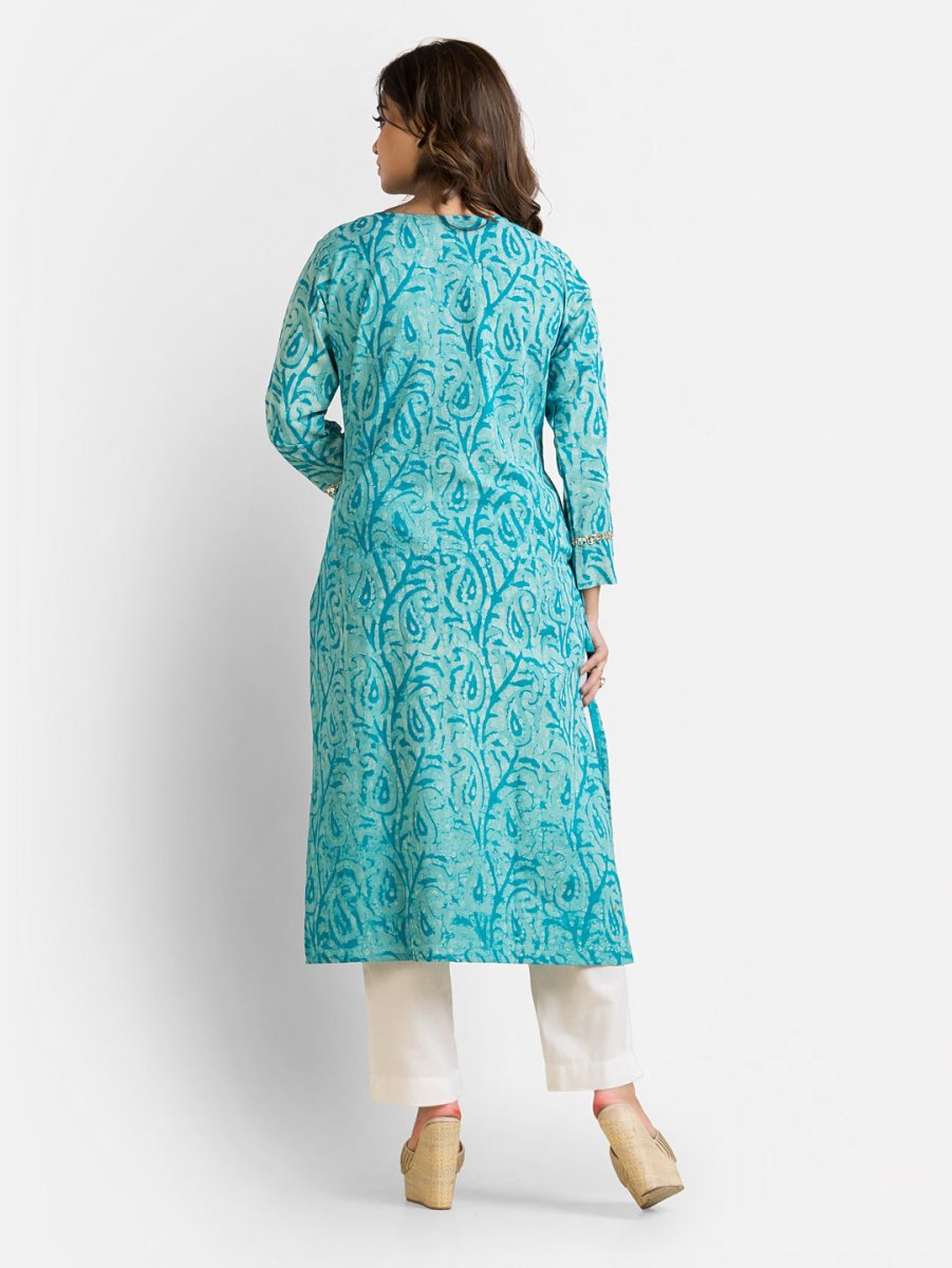 Women's Cotton Sea Green Dabu Mirror Kurti - Crazy Needle Online