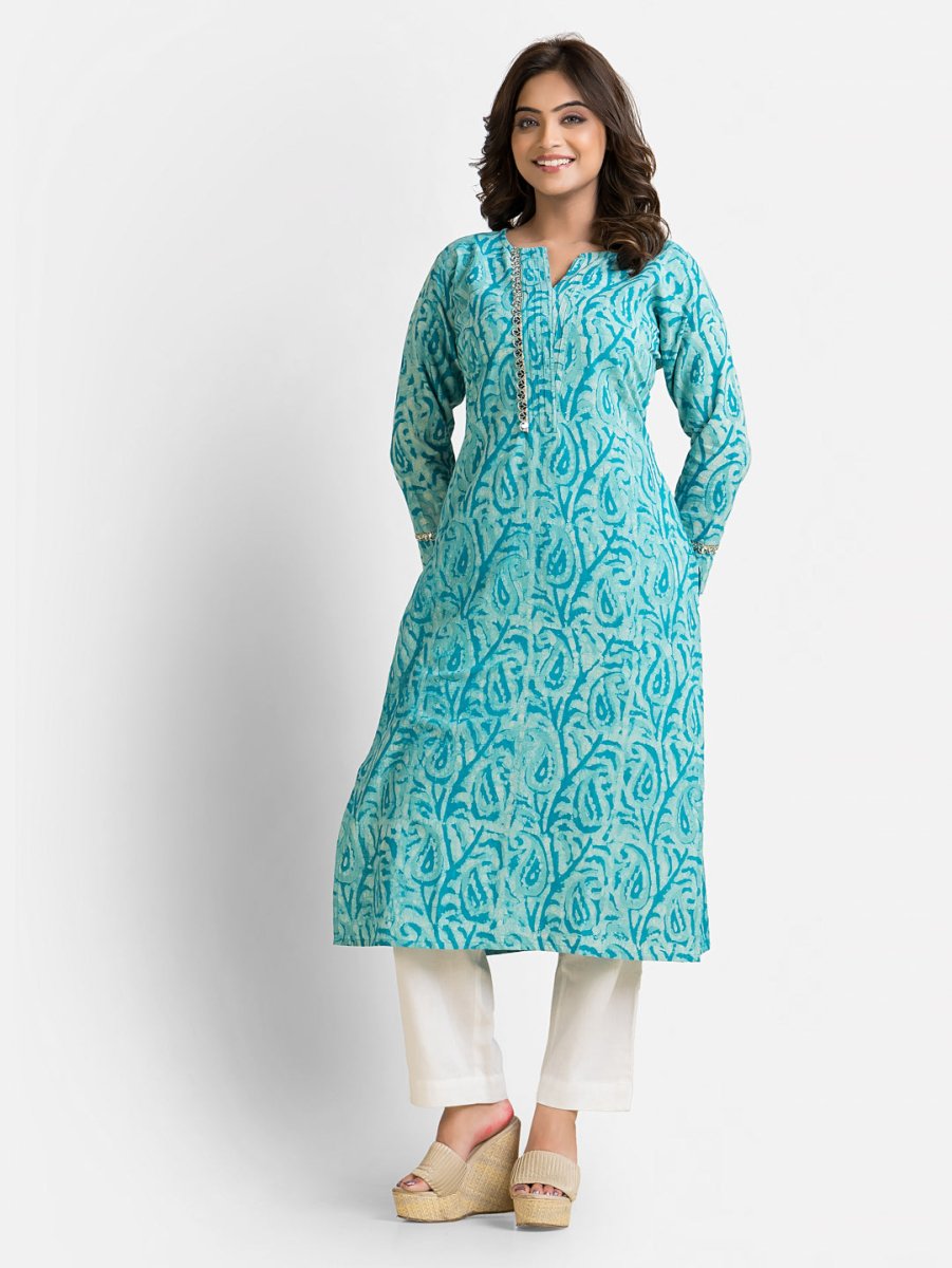 Women's Cotton Sea Green Dabu Mirror Kurti - Crazy Needle Online