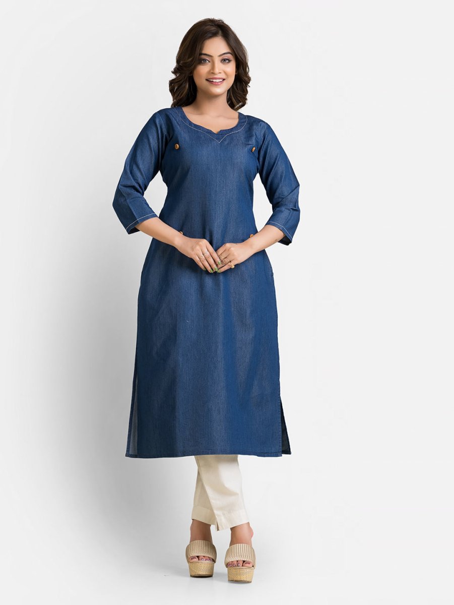 Women's Denim Kurta With White Neckline - Crazy Needle Online