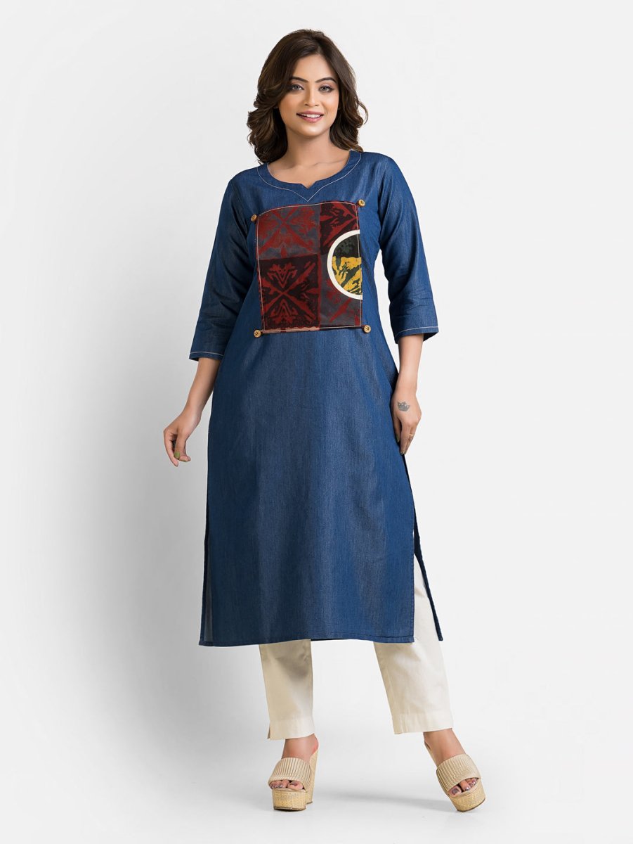 Women's Detachable Patchwork Print Denim Blue Kurta - Crazy Needle Online