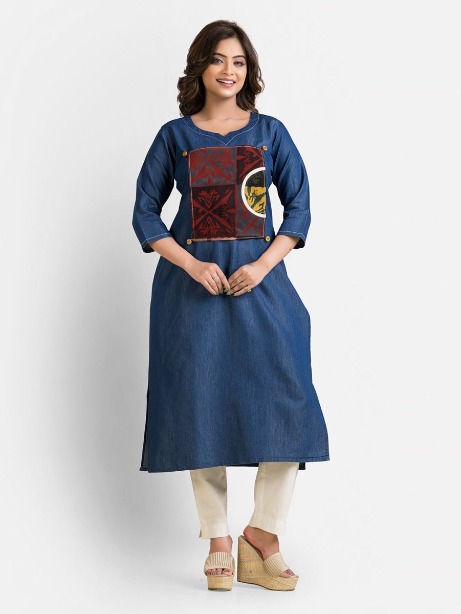 Women's Detachable Patchwork Print Denim Blue Kurta - Crazy Needle Online