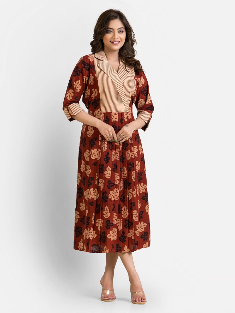Women's Mapple Leaf Print Maroon Coat Collar Dress - Crazy Needle Online