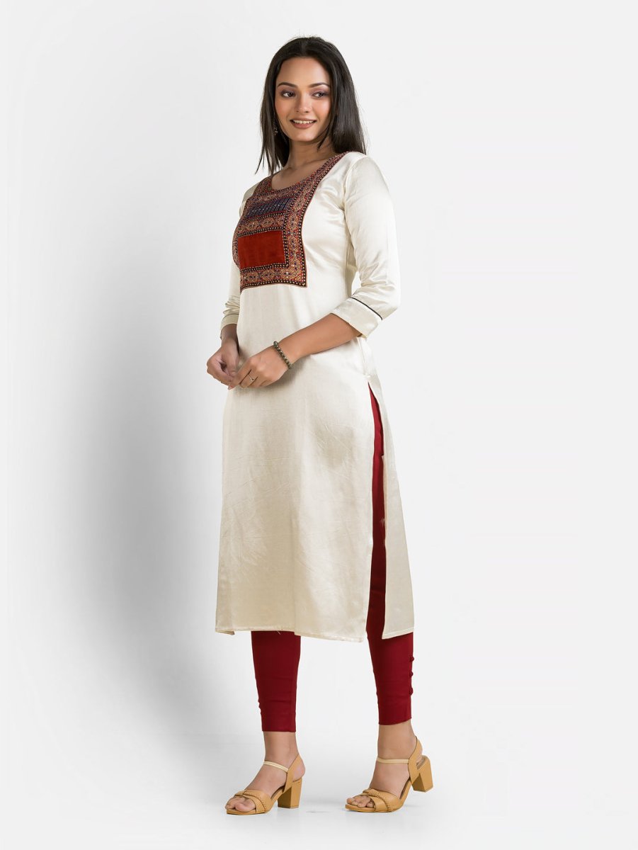 Women's Mashru Patchwork White Kurti - Crazy Needle Online