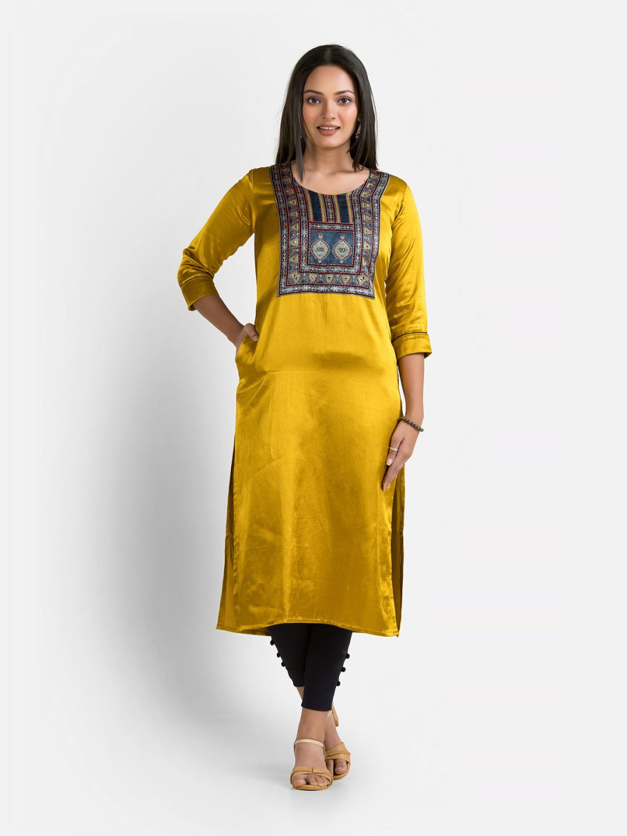 Women's Mashru Patchwork Yellow Kurti - Crazy Needle Online