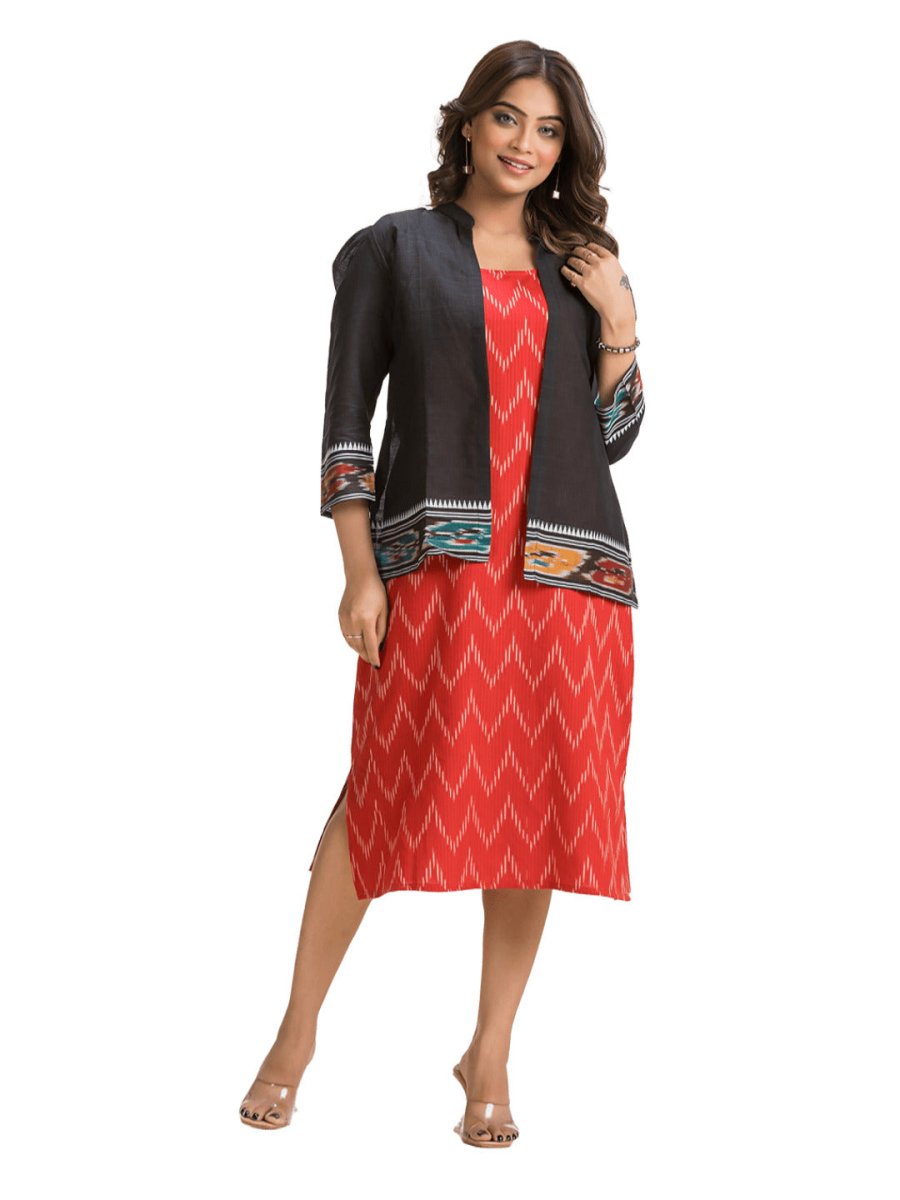 Women's Red Cotton Dress With Black Dhanikhali Jacket - Crazy Needle Online
