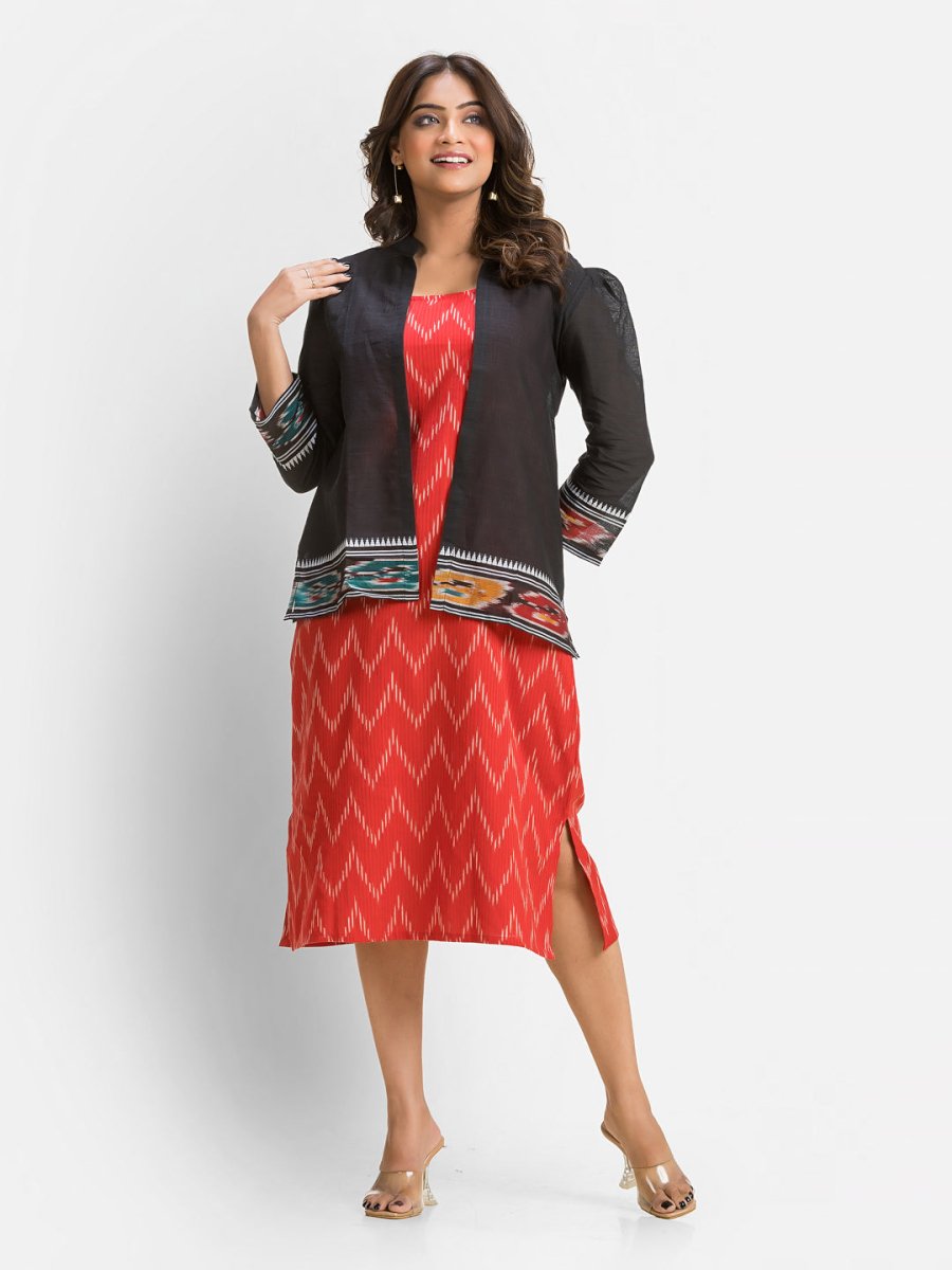 Women's Red Cotton Dress With Black Dhanikhali Jacket - Crazy Needle Online
