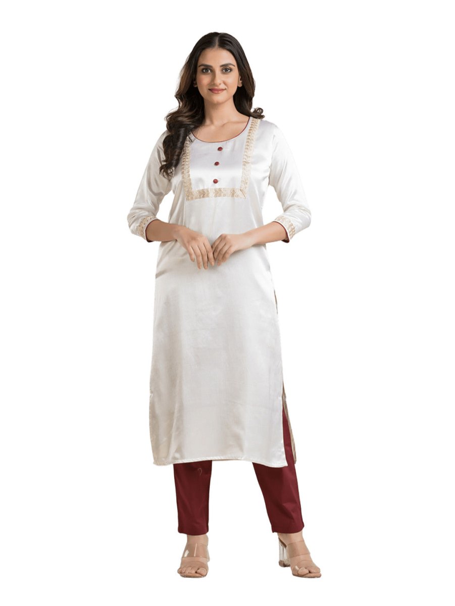 Women's Round Neck White Mashru Kurti - Crazy Needle Online