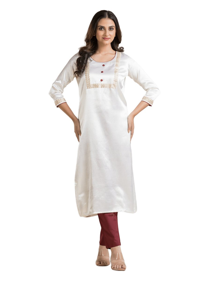 Women's Round Neck White Mashru Kurti - Crazy Needle Online