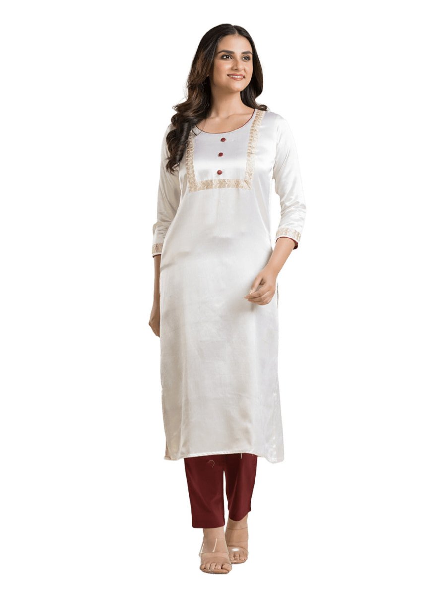 Women's Round Neck White Mashru Kurti - Crazy Needle Online