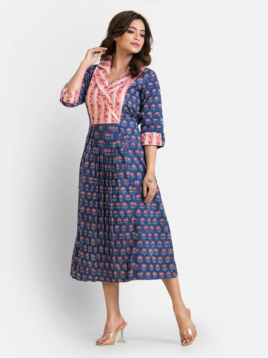 Women's Sanganeri Print Blue Coat Collar Dress - Crazy Needle Online