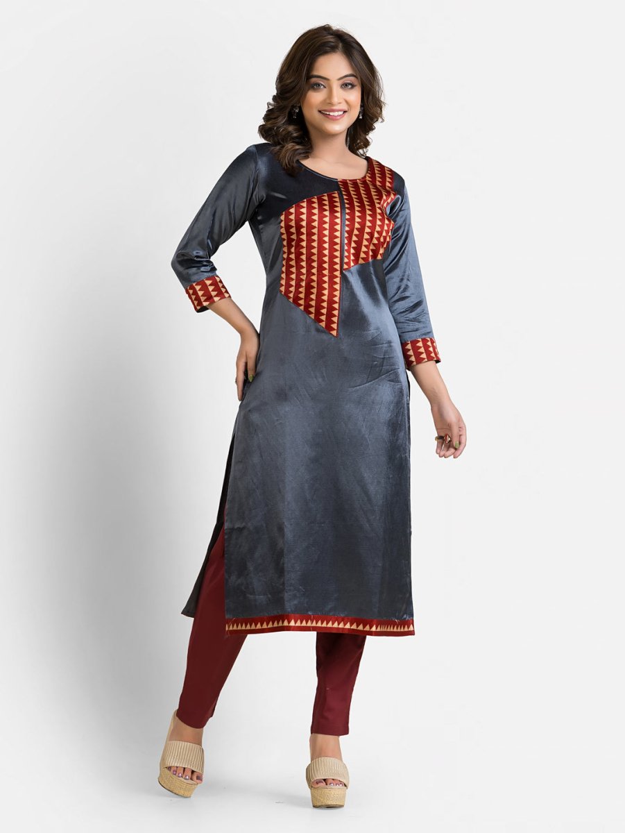 Women's Steel Grey Patchwork Mashru Kurti - Crazy Needle Online