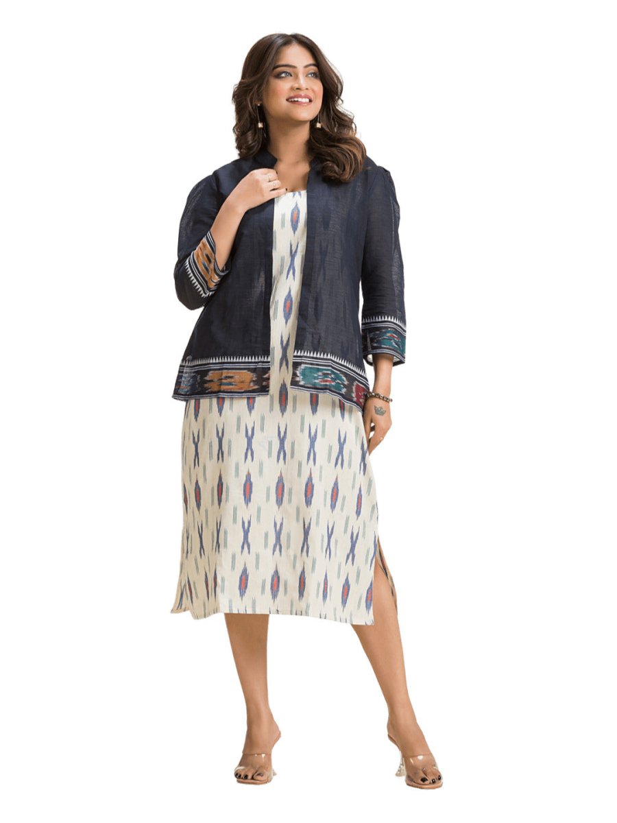 Women's White Cotton Dress With Black Dhanikhali Jacket - Crazy Needle Online