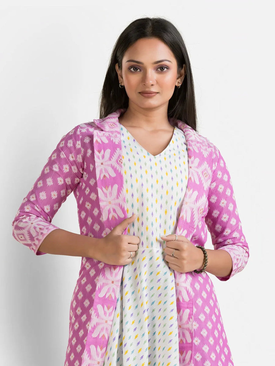 Women's White Dress With Lavender Jamdani Shrug - Crazy Needle Online