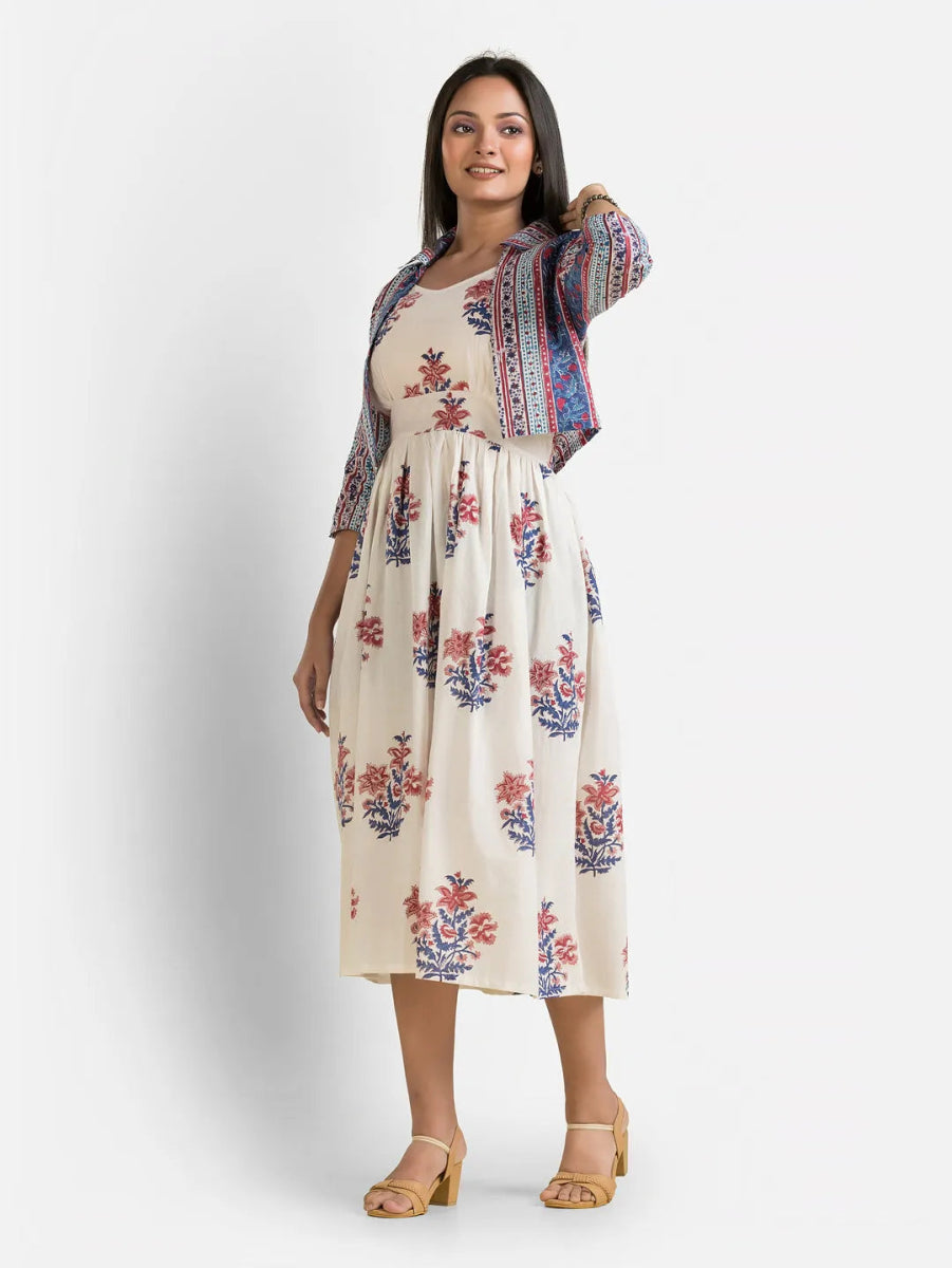 Women's White Gown With Blue Jacket - Crazy Needle Online